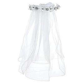 Merroyal Girls First Communion Veil White Flower Headband with Bow Wreath Crown Lace Veil (White Flower Crystal)