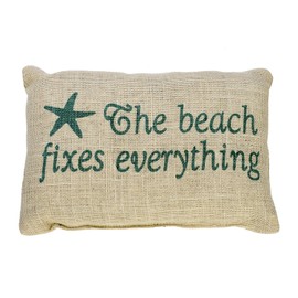 The Beach Fixes Everything - Burlap Accent Pillow with Star Fish - Aqua Print on Light Burlap - 12-in x 8-in