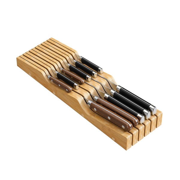 Bamboo In-Drawer Knife Block for 11 Knives(Not Included), Knife Drawer