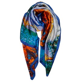 YOUR SMILE Large Mulberry Silk Feeling Long Stain Scarf Lightweight Sunscreen Shawls Wraps for Women (19 Blue Orange/Tree)