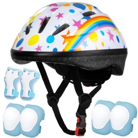 Kids Helmet Adjustable for Kids Ages 3-8 Years Old Boys Girls, Toddler Bike Helmet with Protective Sports Gear Set Knee Elbow Pads Wrist Guards for Cycling Roller Skating Skateboard-(White Star)