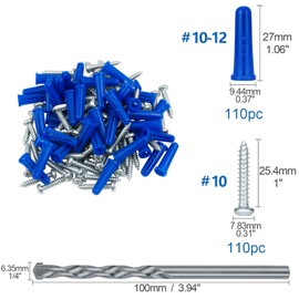 KURUI #10-12 Concrete Anchors and Screws Kit, 220PCs Wall Anchors for Drywall Brick Masonry Stucco Concrete, 110 Plastic Drywall Anchors and 110 Wood Screws with Drill Bit