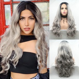 High Temperature Fiber Natural Long Body Wave Black/Light Grey Ombre Lace Front Wigs For Drag Queen Pastel Gray Lace Wig With Black Roots Hand-Tied Middle Part Synthetic Hair For Women Daily Use 24"