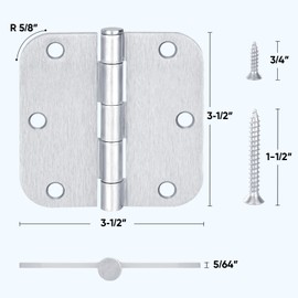 TICONN 6-pack 3.5 Inch Door Hinges with 5/8" Radius Corner, 3-1/2 x 3-1/2 Inch Iron Bifold Residential Doors Hardware (5/8" Radius Corner, Satin Chrome, 6 Pack)