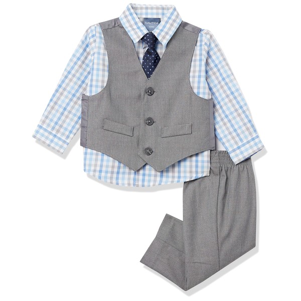 Nautica baby boys 4-piece Vest Set With Dress Shirt, Vest, Pants, and Tie Suit, Light Grey/Blue Check, 12 Months US