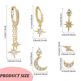 ANATTASOUL 12 Pieces Dainty Earring Sets Cubic Zirconia Moon Earrings Star Earrings Golden Earrings For Women Multiple Piercings Huggie Earrings Asymmetrical Stud Earrings Jewellery Gift For Wedding,