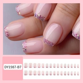 Pink Press on Nails Short Square Fake Nails Glitter French Tip False Nails with with Glossy Design Acrylic Nails Press Ons Nude Glue on Nails Cute Full Cover Stick on Nails for Women 30Pcs