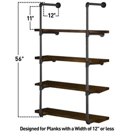 HITOMEN Industrial Iron Pipe Shelves, DIY Open Bookshelf Bookcase, Wall Mounted Vintage Retro Shelving, Rustic Farmhouse Pantry Kitchen Storage, Black Shelf Brackets, 2 Set 5-Tier, 56" Tall, 12" Depth
