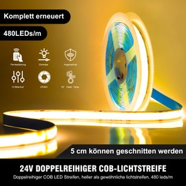 Oraymin COB LED Strip 5 m Warm White 3000 K LED Strip Dimmable 24 V Flexible COB LED Strip Light Set, 480LEDs/M, LED Strip with RF Remote Control, CRI90+ Bright Under-Unit Light – Without Power Supply
