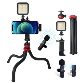 Kingbest clip lav mic vlogging Kit,(Flexible Tripod, Necktie Clip Mic, vlog Light, Phone Holder with Hot Shoe), Perfect for Kids, Vlogger Video Recording Fitness Yoga Tiktok/Zoom