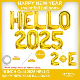 Hello 2025 Balloons, 16 Inch Gold Hello 2025 Balloons,Hello 2025 Gold Balloons for New Year Eve Party Supplies 2025, New Years Decorations 2025, Christmas Decorations