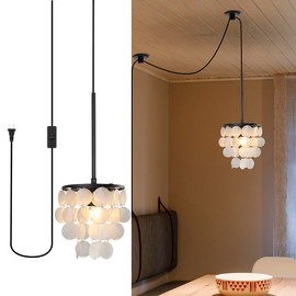 JC TOPA 14.76ft Capiz Shell Pendant Light Fixture, 7.87” 1-Light Plug in Shell Black Chandelier with ON/Off Switch for Kitchen Island, Dining Room, Bedroom Room, Living Room