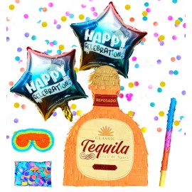 Tequila Bottle Pinatas Festive Mexican Party Decorations for Taco Parties, Birthdays, Anniversaries, and Carnivals Includes Busterstick,Blindfold,Confetti and 2 Happy Celerbations Ballons