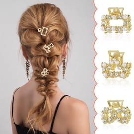 8 PCS Mini Pearl Hair Clips, PAGOW Gold Rhinestone Pearl Metal Claw Clips, Bangs Styling Claw Clips, Faux Pearls Crystal Sparkly Hairpins Hair Accessories for Women And Girls (8 Designs)