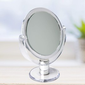 Bath Bliss Double Sided Free Standing Swivel Vanity Mirror, Regular & 10X’s Magnification, Make-up & Shaving Use, Tabletop, Rubberized, Clear