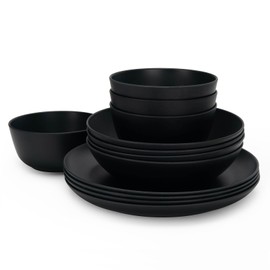 LEHAHA Bamboo Fiber Melamine Dinnerware Sets, Black Kitchen Plates and Bowls Sets, Unbreakable Dishes Set for 4, Eco-friendly Lightweight 12 Piece Dinnerware Sets for Parties & Camping