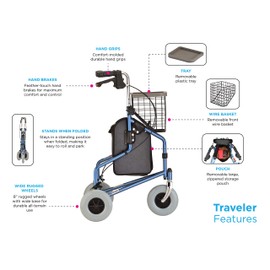 NOVA Traveler 3 Wheel Rollator Walker, All Terrain 8” Wheels, Includes Bag, Basket and Tray, Black
