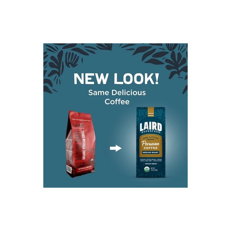 Laird Superfood Peruvian Medium Roast Caffeinated Whole Bean Coffee, Ethically