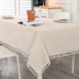 SUCHDECO Beige Tablecloth Linen Rectangular Tablecloth Washable Kitchen Tablecloth for Birthday Party Wedding with Tassel Table Linen for Home Decoration, 140 x 240 cm