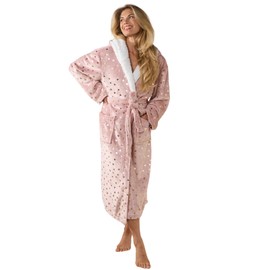 OHS Ladies Dressing Gown, Soft Cosy Sherpa Fleece Hooded Bathrobe with Pockets Blush Pink Gold Foil Heart Design Women Dressing Gown Perfect Adults Loungewear, One Size