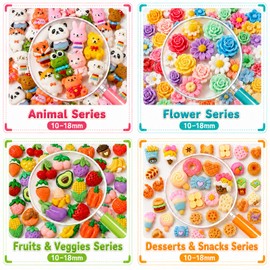 Quelcc 100 Piece Mixed Slime Charms Set, Cute Resin Charms, Colourful Slime Accessories for Jewellery Making, Phone Cases, Hair Clips, Scrapbooking, including Desserts, Animals, Fruits, Flowers