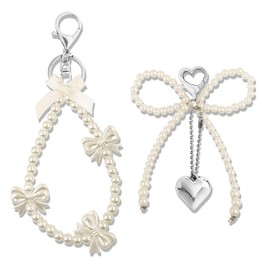 Galaton 2pcs Y2k Bow Keychain Bag Charms for Women, Cute Bow Pearl Keychain Charms Silver Heart Aesthetic Pendant for Purse Handbags Backpack