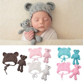 Matissa Newborn Baby Crochet Knit Costume Photography Prop Baby Bear Hat and Doll Set (Brown)