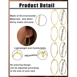 Wrlcorly 4 Pairs Clip on Hoop Earrings for Women CZ Twist Fake Hoop Earring Sets Spring Hoops for Non Pierced Ears Gold Tone 60/70mm