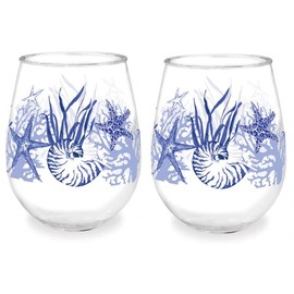 Cape Shore Beach and New England Coast 15oz Wine Tumblers - Set of Two (Indigo Shells)