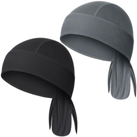 MELLIEX Pack of 2 Sports Bandana Cap Men Women Breathable Headscarf UV Protection Pirate Scarf Adjustable Durag for Cycling Climbing Running Fitness, Black+grey, Unit size