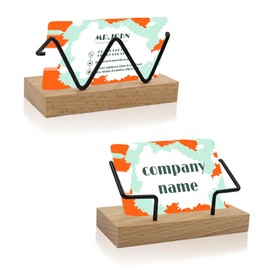 2 Pack Wood Business Card Holder for Desk, Black Business Card Stand, Modern Metal Business Card Display, Wooden Name Card Holder Organizer for Office Home Desktop (Wooden)