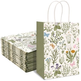  Generic AnyDesign 24Pcs Vintage Wildflowers Paper Gift Bags Green Wild Floral Party Favor Bags with Handles Decorative Goodie Candy Treat Bags for Spring Party Supplies