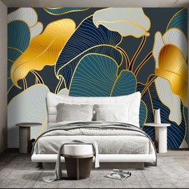 WXHFM - Golden Botanical Leaf wallpeper Living Room Bedroom Wall Mural - 183"x120"（Not Peel and Stick）