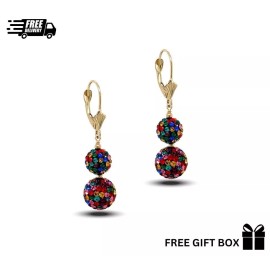 14K Yellow Gold Leverback Dangle Earrings with Genuine Czech Crystals