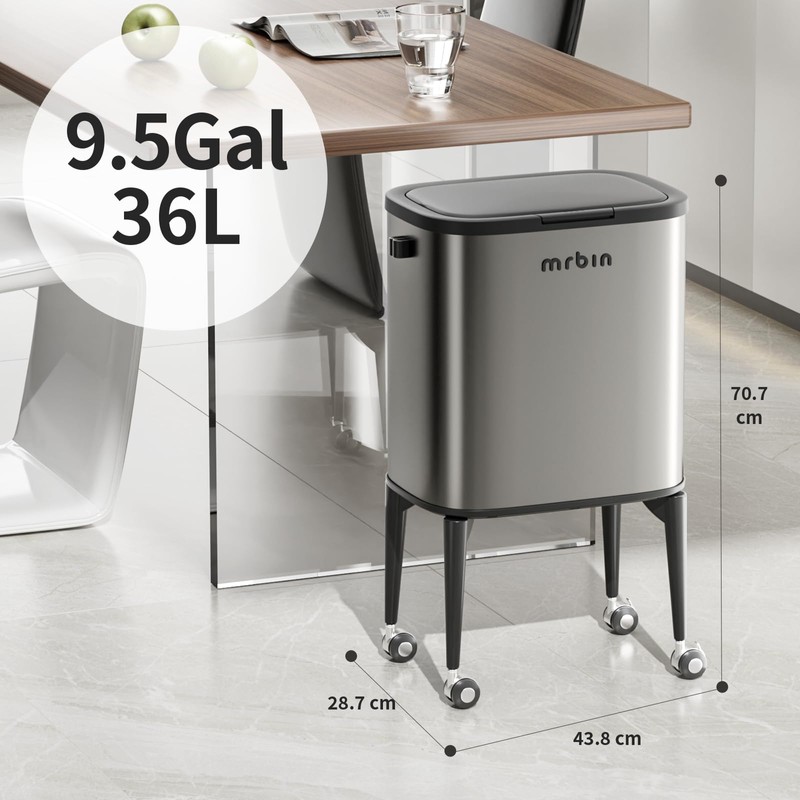 MRBIN Metal Kitchen Trash Can with Wheel Legs, 36L /