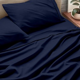 Extra Deep Pocket Queen Size Sheet Set – Luxury Soft Bed Sheets – Fits Mattresses Up to 21" Deep – Deep Fitted Sheet – Easy Fit & Wrinkle-Free – Extra Deep Pocket Sheets – Navy Blue Solid