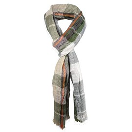 Scarf in Green Olive Orange Brown Beige Checked with Small Fringes Size 180 x 50 cm, Green Olive Orange Brown Beige