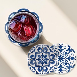 ANATTASOUL 9 Pcs Wood Coasters Sets for Drinks Blue Spanish Pattern Colorful Wooden Cup Mat for Coffee Table Decor, Desk Coasters for Home, Apartment, Office, Bar