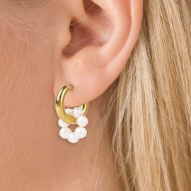 TEZCRT Women's Hoop Earrings, Sterling 18 Carat Gold Filling with Pearl Pendant, Hypoallergenic Small Hoop Earrings, Diameter 20 mm Earrings, Gold