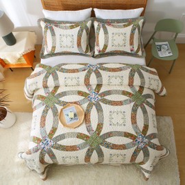 ANNA Z HOME & DESIGN EVE 3-Piece Quilt Set. Cotton Fabrics. Heritage Hand-Made Patchwork and Embroidery. Vintage and Transitional Style. Pre-Washed and Allover Quilting. (SAGE Green, Queen)