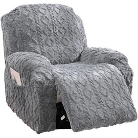 4 Pieces Recliner Chair Covers, Geometric Jacquard Plush Recliner Slipcovers, Couch Sofa Covers, Soft Fuzzy Fluffy Anti-Slip Furniture Protector for Kids Cats Dogs Elastic Bottom (Grey,1 Seat)