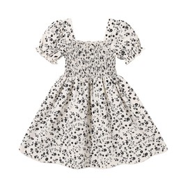 CBHAIBLYD Toddler Baby Girl Summer Square Neck Floral Dress Bubble Short Sleeve Ruffle Smocked Sundress(Black,5T)