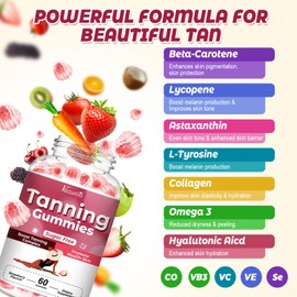 Sugar Free Tanning Gummies for Women, Supports Radiant Tan & Healthy Skin, Extra Strength with Astaxanthin Lycopene Beta Carotene and Vitamins - Supports Faster Tanning, Strawberry Flavored, 60 Count