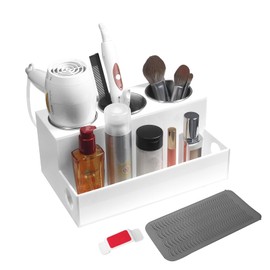 A & R Hair Tool Organizer, White Acrylic Blow Dryer Holder, Hair Dryer Organizer for Countertop, Bathroom & Vanity with 3 Heatproof Steel Cups