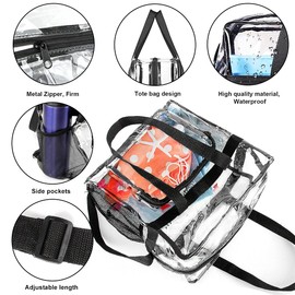 M MUNCASO Clear Tote Bag, Large Toiletry Bag Clear Crossbody Makeup Bag Waterproof Transparent PVC Bag with Adjustable Shoulder Strap and Zipper Closure Perfect for Work, Sports Games, Concert (Black)