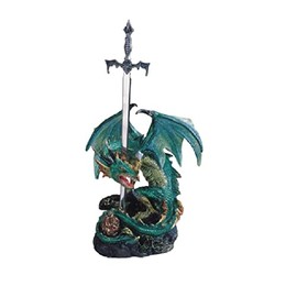 ICE ARMOR 8" H Medieval Green/Blue Dragon with Sword Statue Figurine - Exquisitely Detailed Mythical Dragon Figurine Sculpture, Hand Painted Collectible Statue for Fantasy Enthusiasts