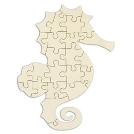 Wooden Puzzle "Seahorse" for Painting and Decorating, 23 Pieces, Approx. 37.5 x 29 cm, Blank Puzzle Made of Untreated Wood with Puzzle Template