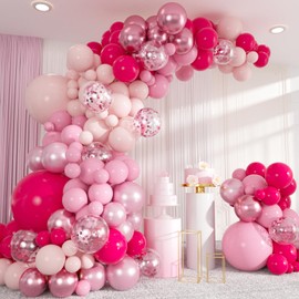 137pcs Pink Balloons Garland Arch Kit, 18 12 10 5 Inch Hot Pink Metallic Pearl Baby Pink Confetti Balloons for Women Girl Birthday, Wedding, Christening, Baby Bridal Shower Party Decorations