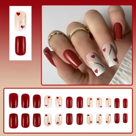 24Pcs Valentine's Press on Nails Medium Square Fake Nails with Heart Gold Line Design Glue on Nails Red Artificial Nails Red Heart Acrylic Nails Full Cover False Nails for Women Girls DIY Manicure