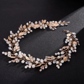 Teyglen Bride Wedding Hair Vine Headband Bridal Crystal Leaf Hair Pieces Handmade Blue Red Green Rhinestone Headpiece Hair Accessories for Women Girls (Gold)